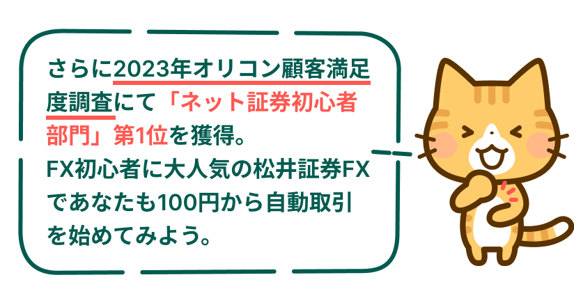 さらに2023年オリコン顧客満足度調査にて「ネット証券初心者部門」第1位を獲得。
        FX初心者に大人気の松井証券FXであなたも100円から自動取引を始めてみよう。